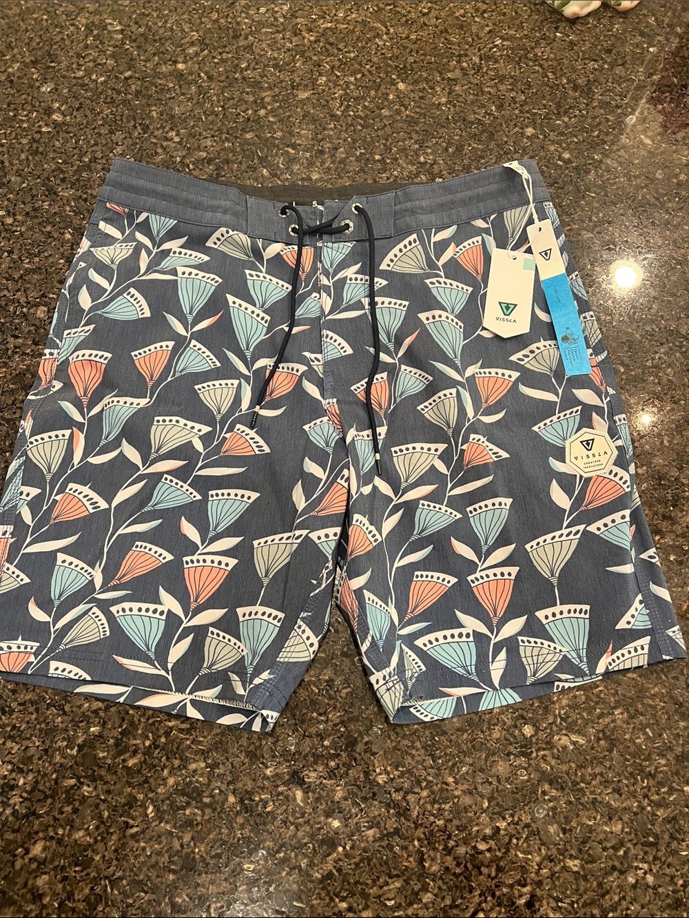 VISSLA Navy Print Swim Shorts with Coral & Seafoam Accents